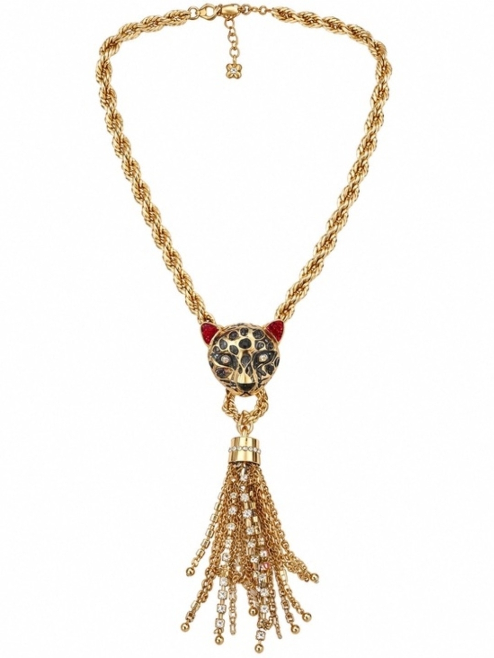 💛▪️Betsey Johnson ▪️Gold Leopard Tassel Necklace with Red Ear Accents